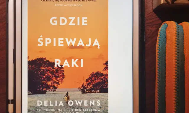 Okładka książki "Gdzie śpiewają raki" z Delia Owens. Na pomarańczowym tle zachodzącego słońca, widać sylwetki drzew i kajakarza na wodzie.