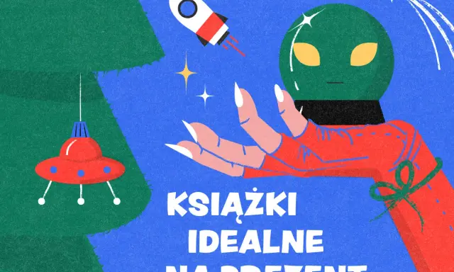 Kosmiczna ręka trzyma głowę obcego, a obok latają spodki i rakiety. Idealne na prezent są najlepsze książki fantasy.