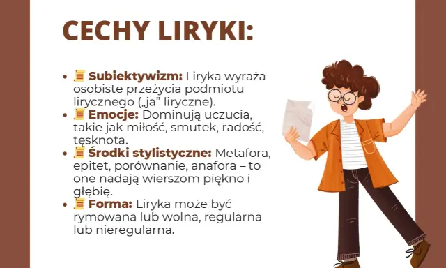 Co to liryka? Wyjaśnienie cech: subiektywizm, emocje, środki stylistyczne i forma. Ilustracja przedstawia młodą osobę czytającą wiersz.