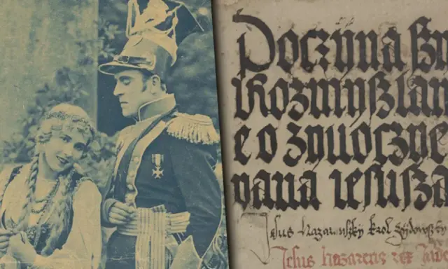 Para z epoki, obok fragmentu średniowiecznego tekstu, symbolizująca bogactwo najważniejszych dzieł literatury polskiej.