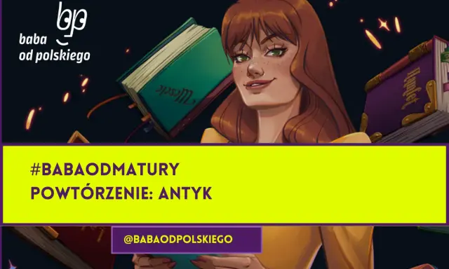 Dziewczyna z rudymi włosami i piegami, otoczona książkami, w tym "Hamlet". Powtórzenie: antyk w literaturze. #babaodmatury.