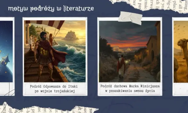 Motyw podróży lektury: Mały Książę na planecie, Odyseusz na morzu, Marek Winicjusz w drodze do Rzymu, dzieci na wielbłądach.