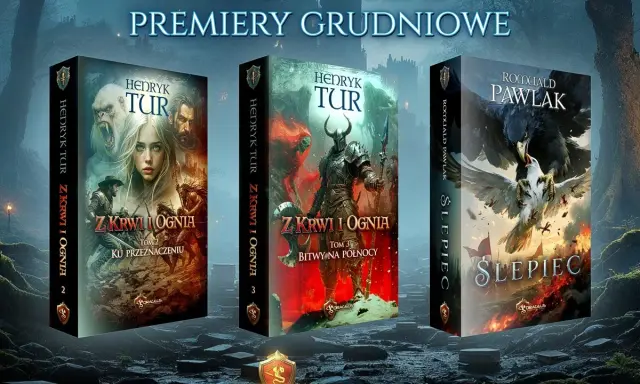 Okładki książek fantasy: "Z krwi i ognia" (t. 2 i 3) Henryka Tura oraz "Ślepiec" Romualda Pawlaka. Ciekawe książki fantasy dla dorosłych.