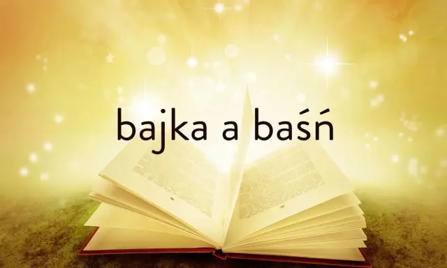 Otwarta księga, z której wyłaniają się słowa "bajka a baśń". Magiczne światło otacza strony, sugerując świat fantazji.