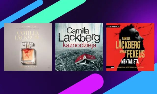 Okładki audiobooków z serii Camilla Läckberg: "Złota klatka", "Kaznodzieja" i "Mentalista" autorstwa Camilli Läckberg i Henrika Fexeusa.