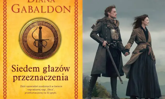 Okładka książki Diany Gabaldon "Siedem głazów przeznaczenia" i para z serialu "Outlander", który jest częścią sagi.
