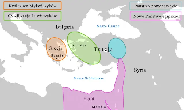 Mapa ukazująca tereny wojny trojańskiej: Grecja, Troja, Egipt, Syria, Bułgaria, Państwo Nowohetyckie.