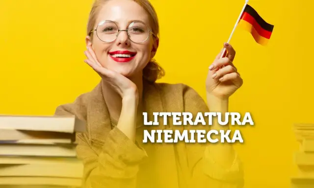 Uśmiechnięta kobieta w okularach trzyma flagę Niemiec, otoczona stertami książek. Temat: literatura niemiecka.