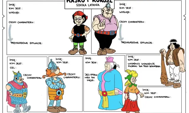 Postacie z komiksu Kajko i Kokosz: Szkoła latania. Opis bohaterów, ich cech i przykładowych sytuacji.
