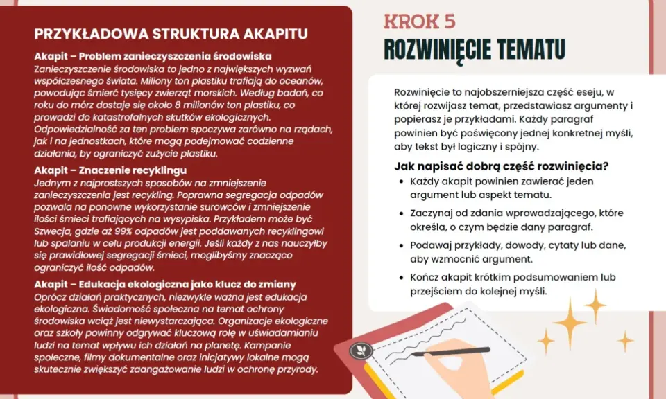 Jak pisać esej: rozwinięcie tematu, przykładowa struktura akapitu, problem zanieczyszczenia środowiska, znaczenie recyklingu, edukacja ekologiczna.