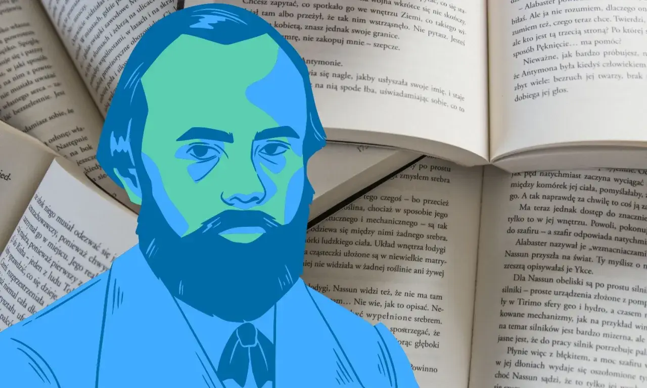 Portret mężczyzny na tle otwartej książki, nawiązujący do powieści Dostojewskiego.