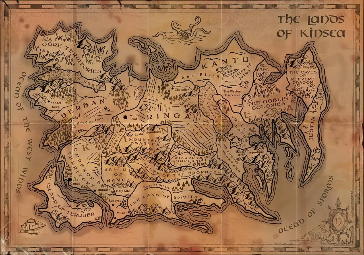 Mapa krain Kinsea, gdzie rozgrywają się opowieści z meekhańskiego pogranicza. Obejmuje Ogre Territories, Goblin Colonies i Ocean of Storms.