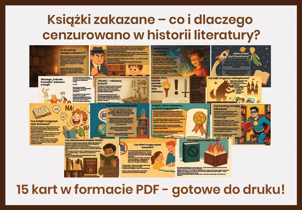 Książki zakazane &ndash; co i dlaczego cenzurowano w historii literatury? Ilustracje przedstawiają przykłady zakazanych książek, od 