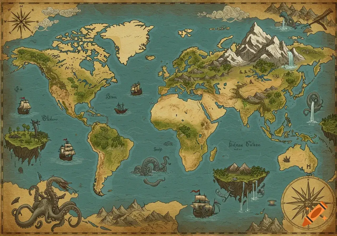 Mapa świata w stylu fantasy gatunek, z żaglowcami, latającymi wyspami, smokami i potworami morskimi.