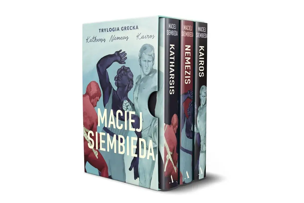 Trylogia Grecka Macieja Siembiedy: Katharsis, Nemezis, Kairos. Kolejność tomów widoczna na grzbietach.