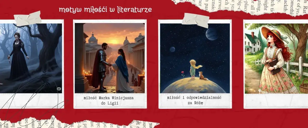Motyw miłości w lekturach szkolnych: mroczna królowa, rzymska para, Mały Książę z Różą i odpowiedzialnością, dziewczyna z książką.