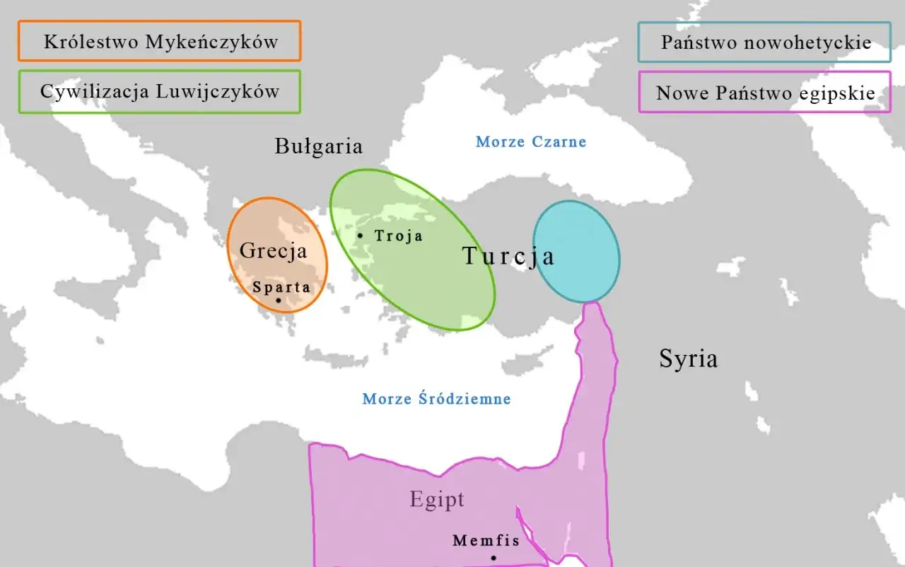 Mapa starożytnego świata: Grecja, Troja, Egipt, Syria, Bułgaria, Turcja. Kluczowe miejsca i cywilizacje, kt&oacute;re mogły być tłem dla Iliady streszczenie szczeg&oacute;łowe.