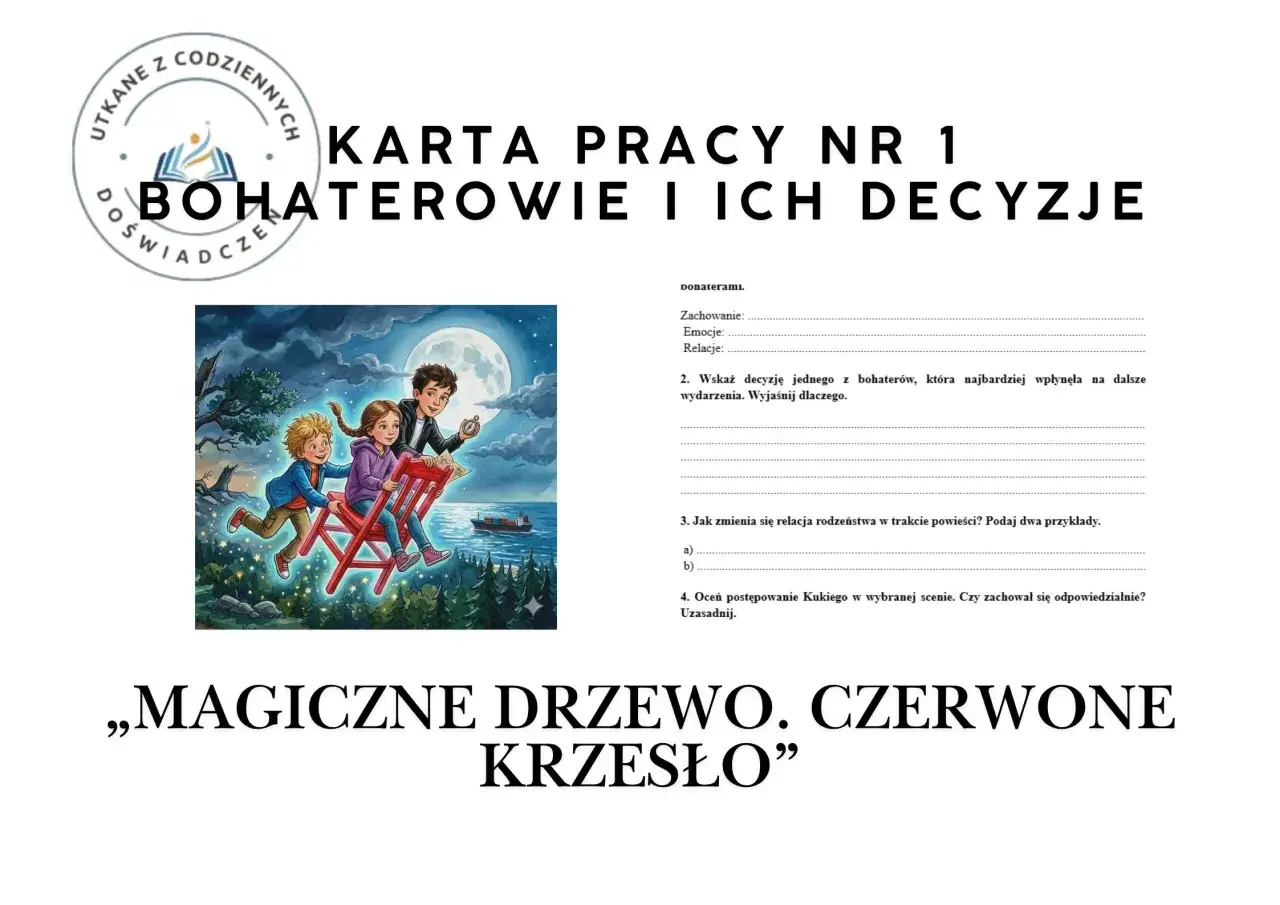 Trójka dzieci leci na czerwonym krześle nocą, podziwiając księżyc i gwiazdy. To scena z książki