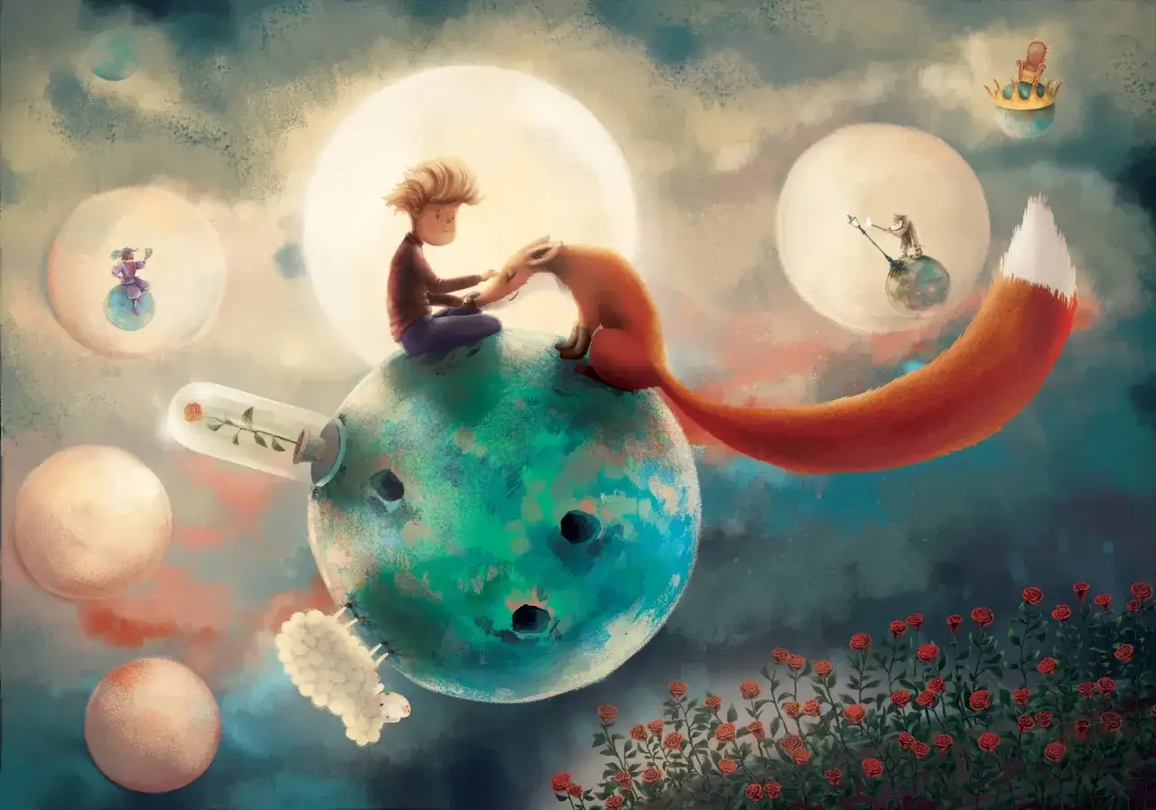 Mały Książę i lis siedzą na planecie, otoczeni różami i innymi planetami.