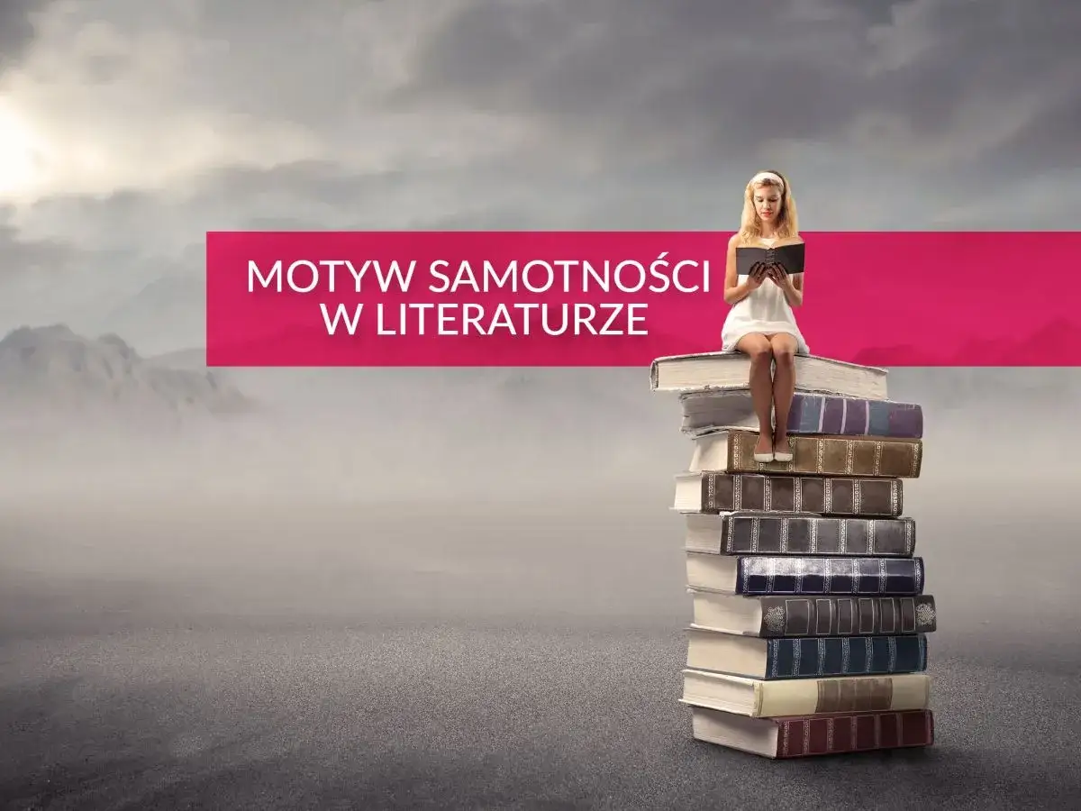 Dziewczyna w białej sukience siedzi na stosie książek, czytając. Tytuł 