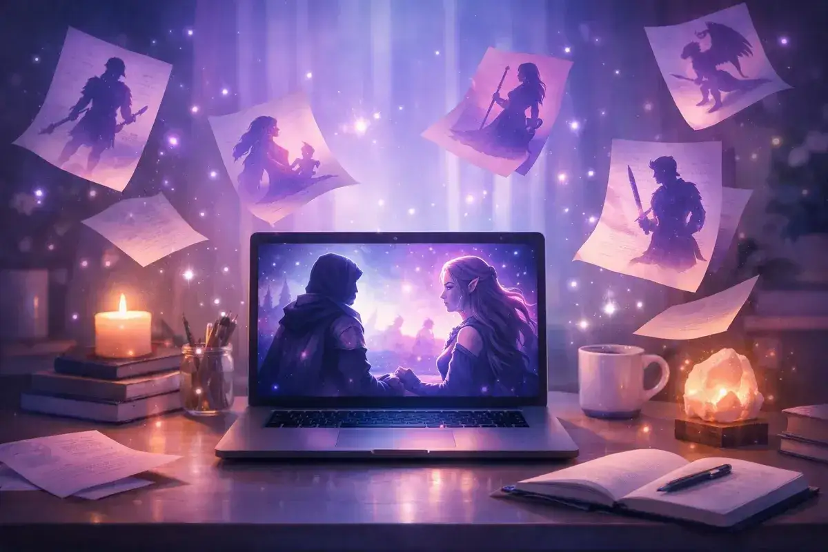 Laptop z parą wpatrującą się w siebie, otoczony unoszącymi się szkicami postaci fantasy i płonącą świecą. To właśnie tak powstaje fanfik co to.