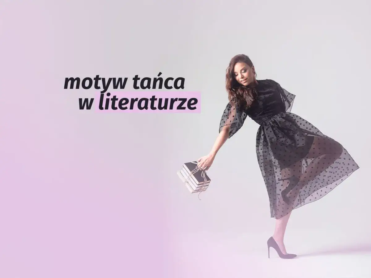 Kobieta w zwiewnej sukience tańczy z książkami, symbolizując motyw tańca w literaturze.