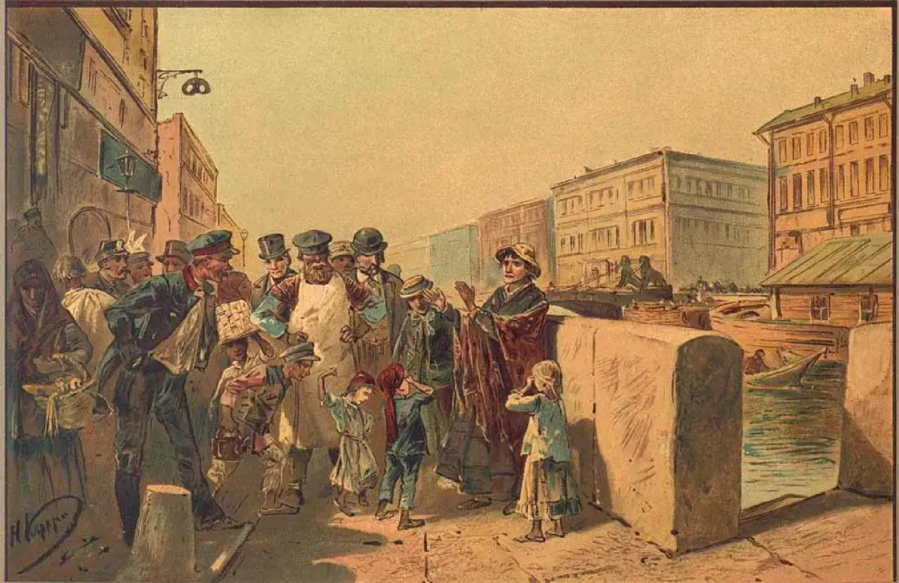 Scena uliczna z ludźmi, dzieci zasłaniają oczy. Obraz odzwierciedla motyw winy i kary w Zbrodni i karze.