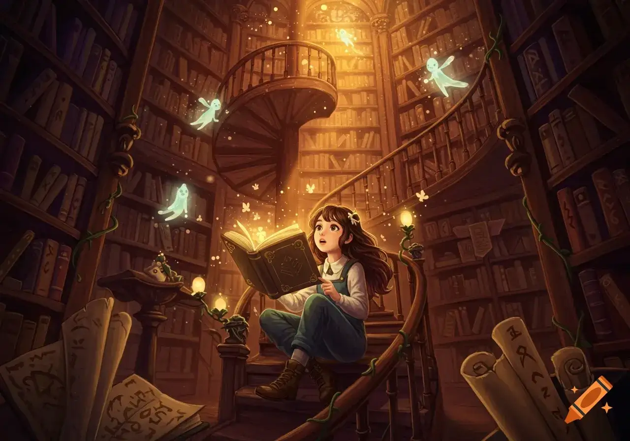 Dziewczynka w magicznej bibliotece czyta książkę, z której wydobywa się światło. Wokół unoszą się świetliste duszki, jak w książkach podobnych do Harrego Pottera.