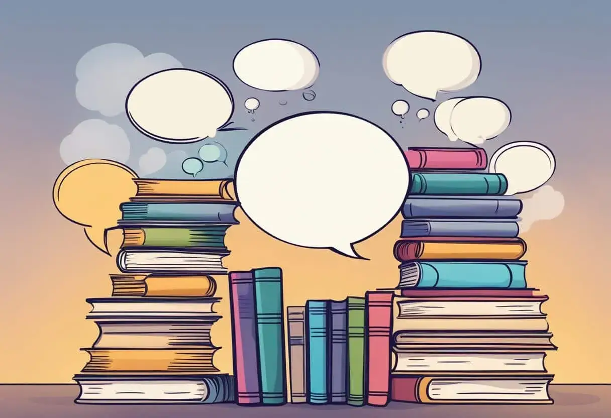 Stosy kolorowych książek, z kt&oacute;rych wychodzą dymki dialogowe, symbolizujące książki dające do myślenia i inspirujące do rozm&oacute;w.