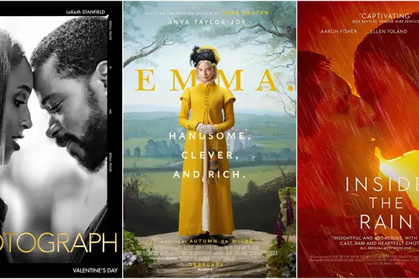 Trzy plakaty filmowe: czarno-biały romans "The Photograph", kostiumowa "Emma" na podstawie powieści Jane Austen i dramatyczny "Inside the Rain".