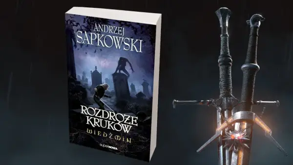 Okładka nowej książki Sapkowskiego "Rozdroże kruków" z Wiedźminem i mieczami.