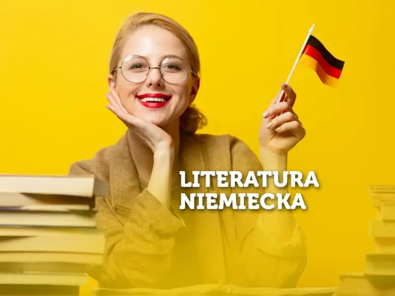 Uśmiechnięta kobieta w okularach trzyma flagę Niemiec, otoczona stertami książek. Temat: literatura niemiecka.